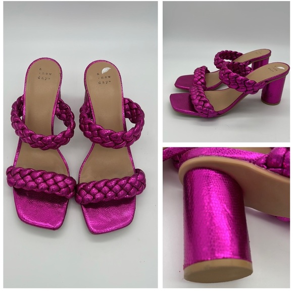 FUCHSIA PINK BRAIDED HEEL SANDALS 11 - Picture 1 of 8